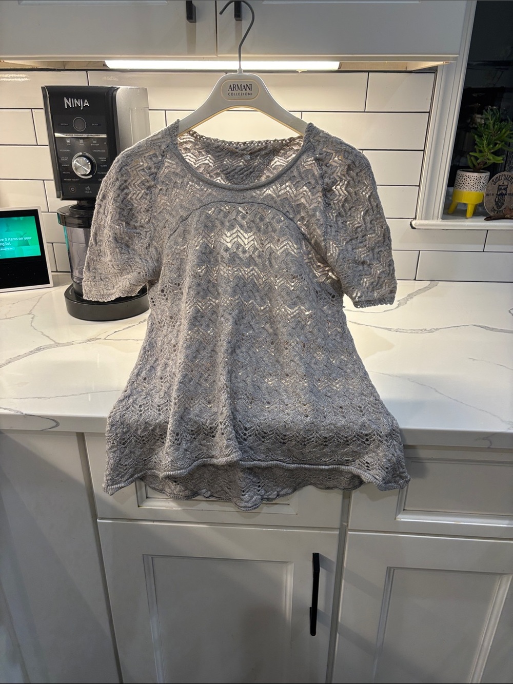 Light Gray Openwork Knit Short-Sleeve Tunic Top